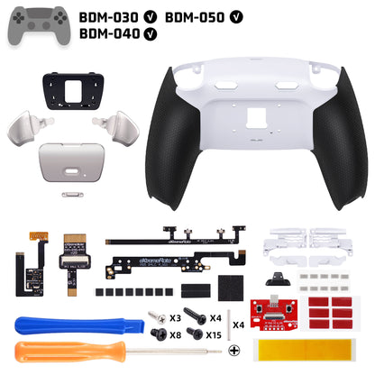 eXtremeRate PS5コントローラーBDM-030/040/050対応用リアルメタルボタン (RMB) バージョンRISE Plus MAXバックパドルキット、クリッキートリガーストップ＆ラバーグリップ付き[ゴム付きブラックグリップ、シルバーバックパドル]