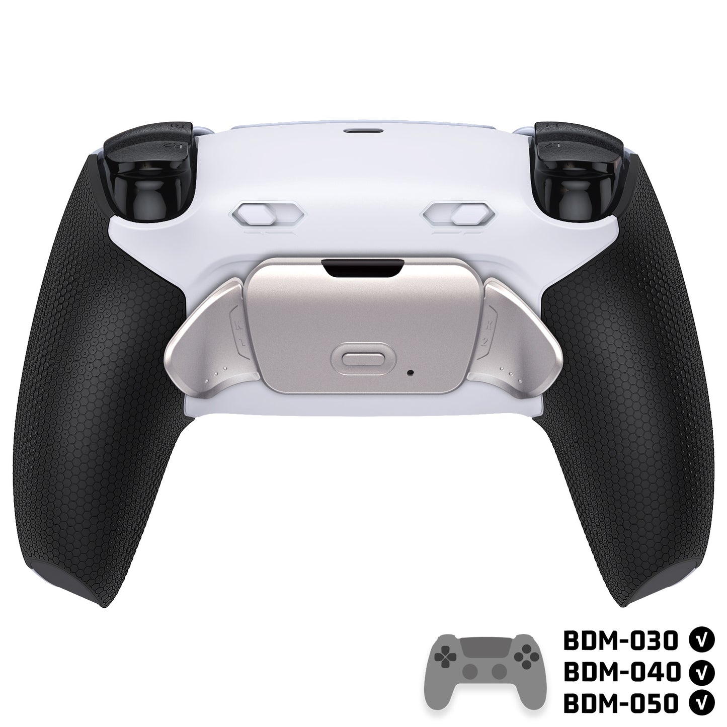 eXtremeRate PS5コントローラーBDM-030/040/050対応用リアルメタルボタン (RMB) バージョンRISE Plus MAXバックパドルキット、クリッキートリガーストップ＆ラバーグリップ付き[ゴム付きブラックグリップ、シルバーバックパドル]