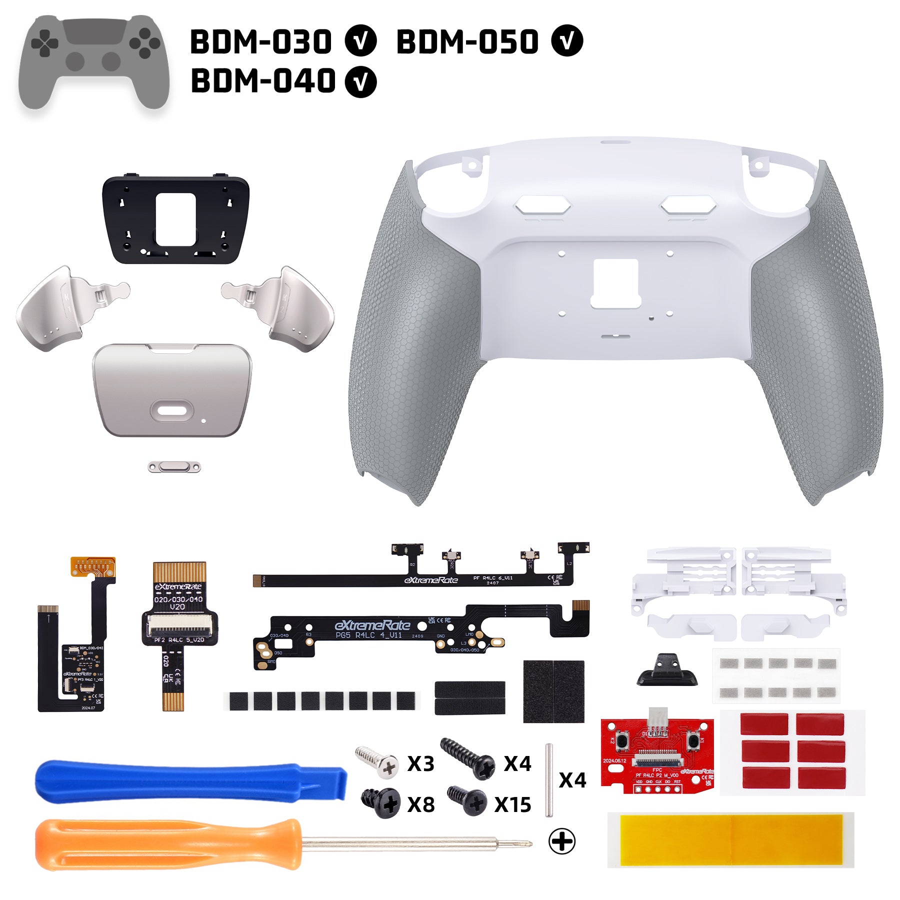 eXtremeRate PS5コントローラーBDM-030/040/050対応用リアルメタルボタン (RMB) バージョンRISE Plus  MAXバックパドルキット、クリッキートリガーストップ＆ラバーグリップ付き【ラバー付きグレー】