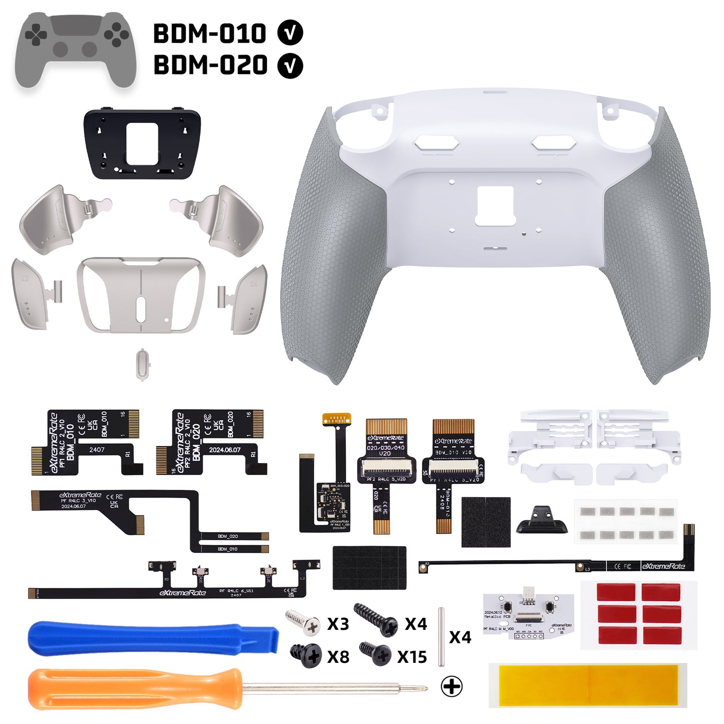 eXtremeRate PS5コントローラーBDM-010/020対応用リアルメタルボタン (RMB) バージョンRISE4 Plus MAXバックパドルキット、クリッキートリガーストップ＆ラバーグリップ付き【ラバー付きグレー】