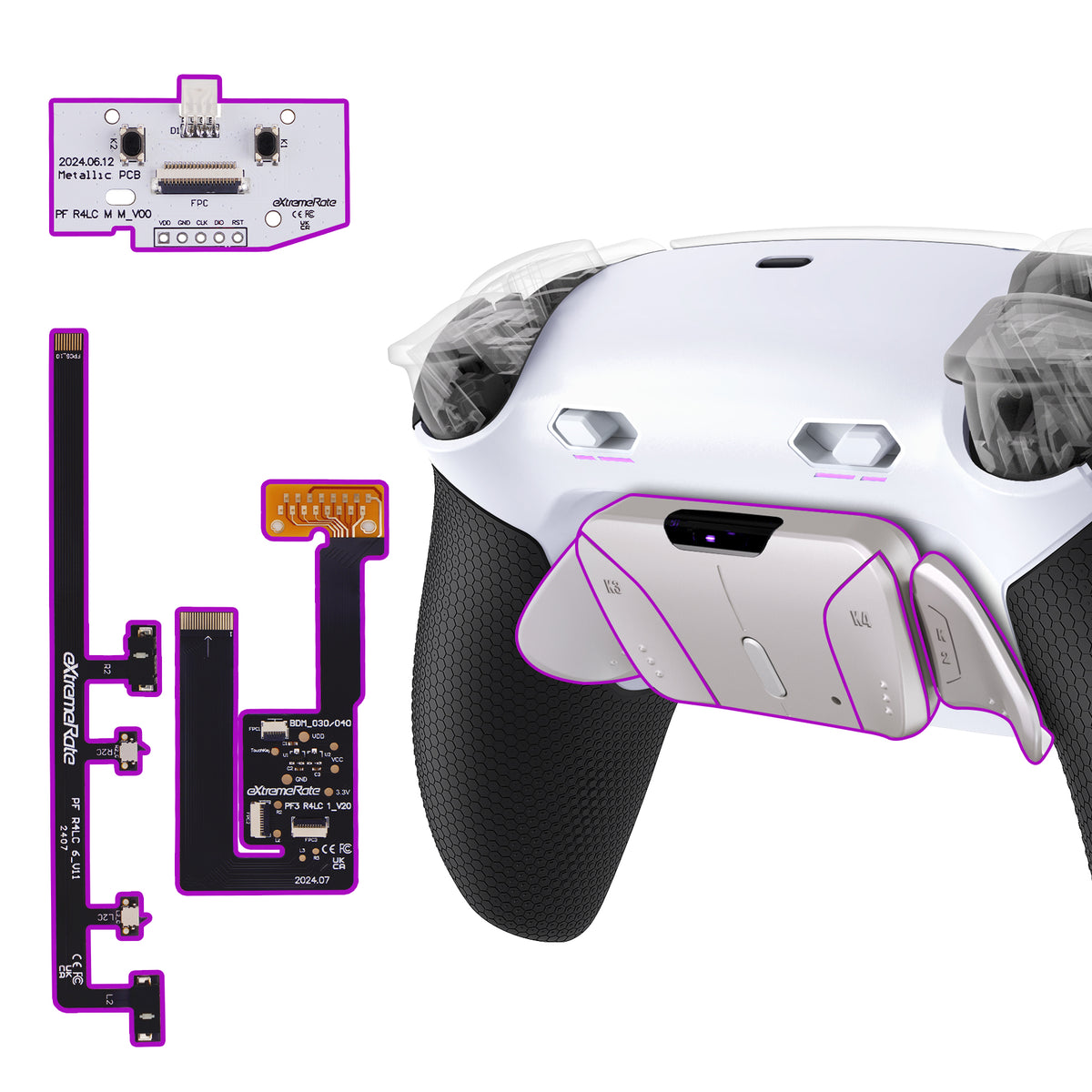 eXtremeRate PS5コントローラーBDM-030/040/050/060対応用リアルメタルボタン (RMB) バージョンRISE4 Plus MAXバックパドルキット、クリッキートリガーストップ＆ラバーグリップ付き[ゴム付きブラックグリップ、シルバーバックパドル]