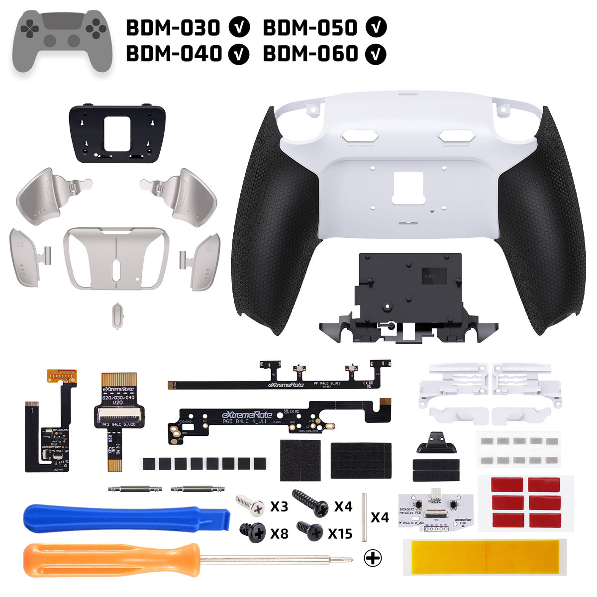 eXtremeRate PS5コントローラーBDM-030/040/050/060対応用リアルメタルボタン (RMB) バージョンRISE4 Plus MAXバックパドルキット、クリッキートリガーストップ＆ラバーグリップ付き[ゴム付きブラックグリップ、シルバーバックパドル]