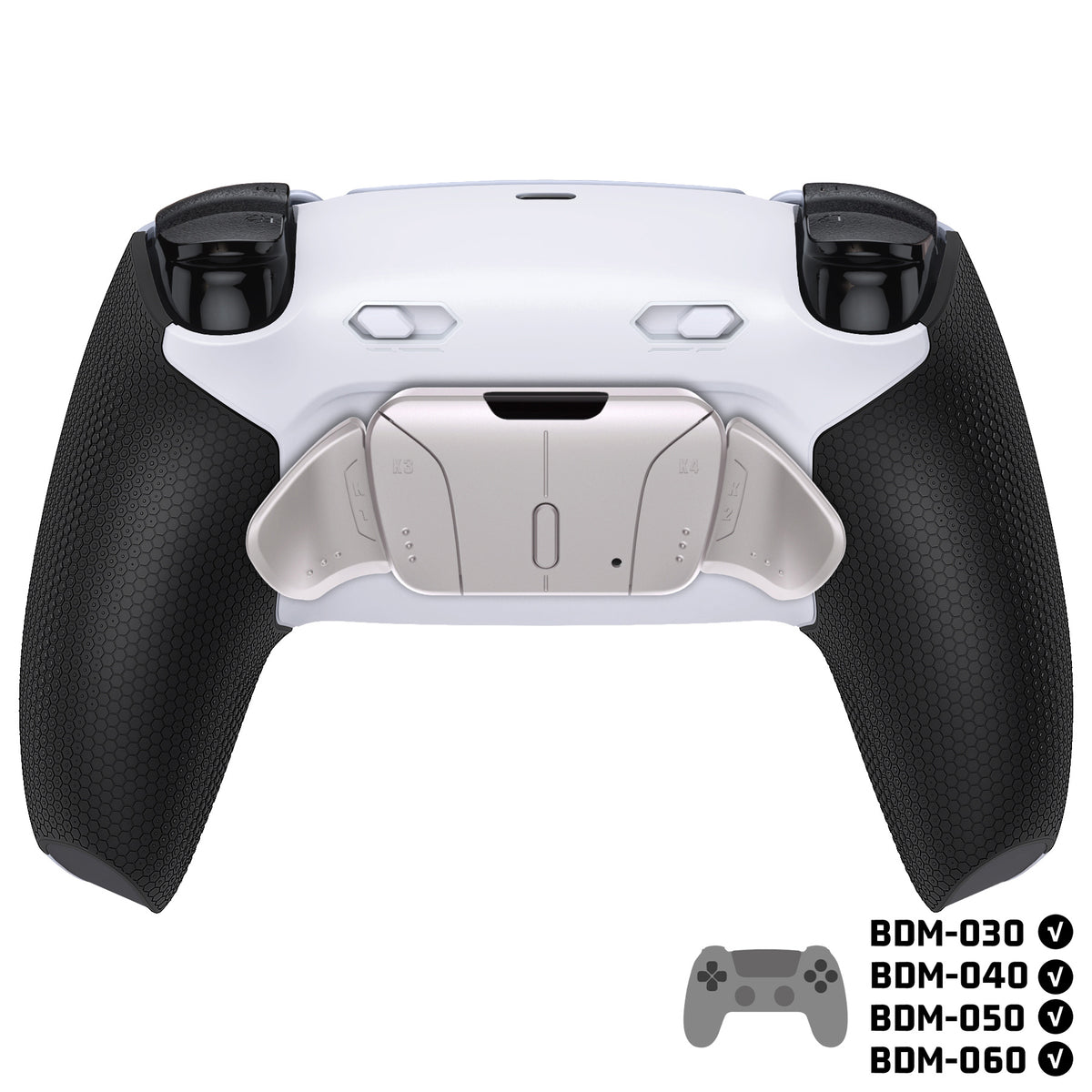 eXtremeRate PS5コントローラーBDM-030/040/050/060対応用リアルメタルボタン (RMB) バージョンRISE4 Plus MAXバックパドルキット、クリッキートリガーストップ＆ラバーグリップ付き[ゴム付きブラックグリップ、シルバーバックパドル]
