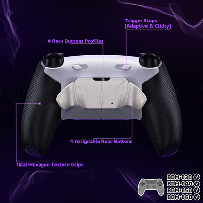 eXtremeRate PS5コントローラーBDM-030/040/050/060対応用リアルメタルボタン (RMB) バージョンRISE4 Plus MAXバックパドルキット、クリッキートリガーストップ＆ラバーグリップ付き[ゴム付きブラックグリップ、シルバーバックパドル]