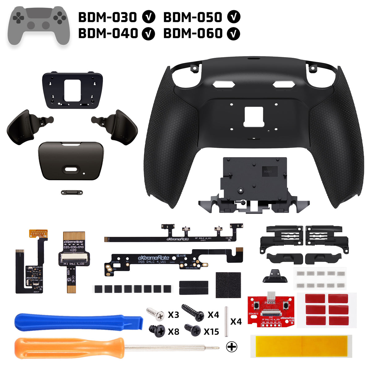 eXtremeRate PS5コントローラーBDM-030/040/050/060対応用リアルメタルボタン (RMB) バージョンRISE Plus MAXバックパドルキット、クリッキートリガーストップ＆ラバーグリップ付き【ラバー付きブラック】
