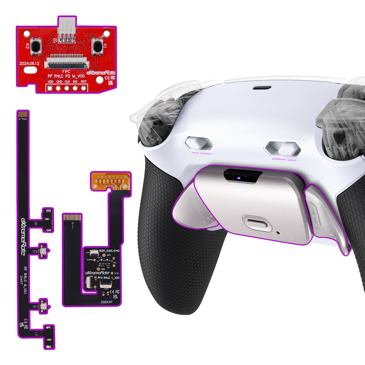 eXtremeRate PS5コントローラーBDM-030/040/050/060対応用リアルメタルボタン (RMB) バージョンRISE Plus MAXバックパドルキット、クリッキートリガーストップ＆ラバーグリップ付き[ゴム付きブラックグリップ、シルバーバックパドル]