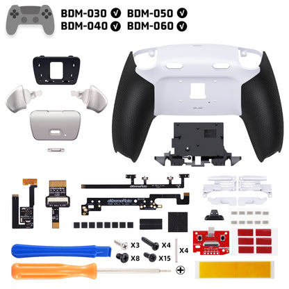 eXtremeRate PS5コントローラーBDM-030/040/050/060対応用リアルメタルボタン (RMB) バージョンRISE Plus MAXバックパドルキット、クリッキートリガーストップ＆ラバーグリップ付き[ゴム付きブラックグリップ、シルバーバックパドル]