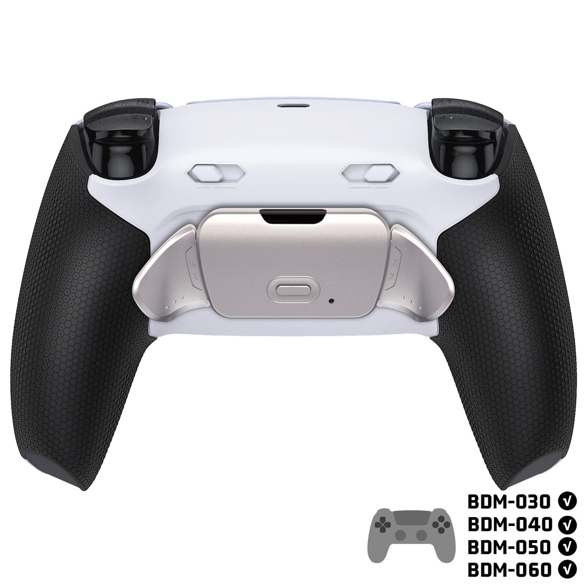 eXtremeRate PS5コントローラーBDM-030/040/050/060対応用リアルメタルボタン (RMB) バージョンRISE Plus MAXバックパドルキット、クリッキートリガーストップ＆ラバーグリップ付き[ゴム付きブラックグリップ、シルバーバックパドル]