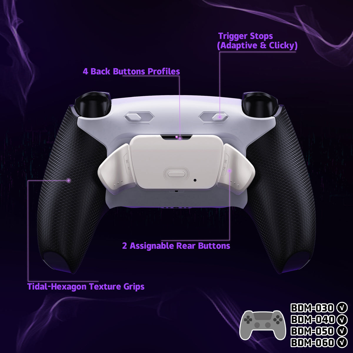 eXtremeRate PS5コントローラーBDM-030/040/050/060対応用リアルメタルボタン (RMB) バージョンRISE Plus MAXバックパドルキット、クリッキートリガーストップ＆ラバーグリップ付き[ゴム付きブラックグリップ、シルバーバックパドル]