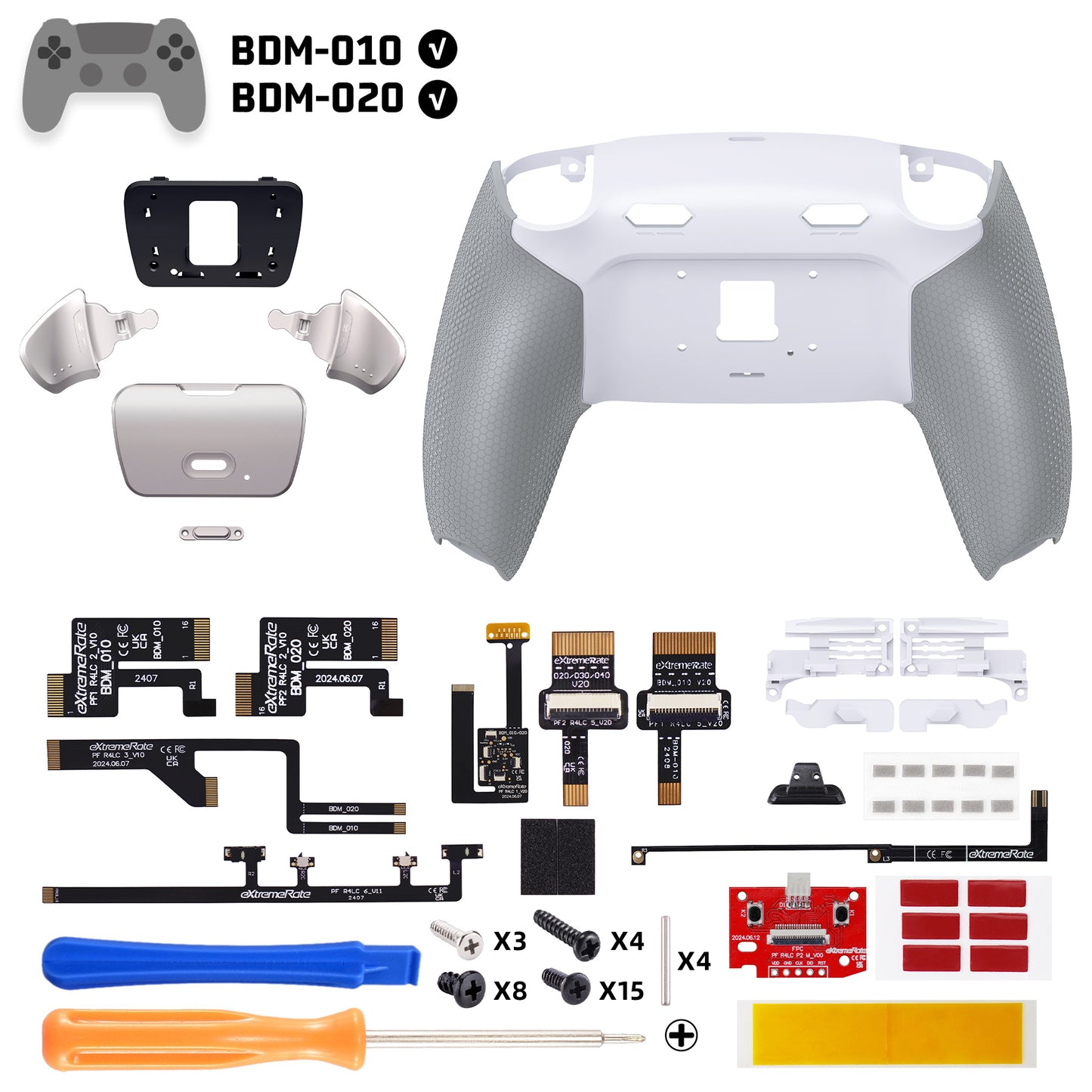 eXtremeRate PS5コントローラーBDM-010/020対応用リアルメタルボタン (RMB) バージョンRISE Plus MAXバックパドルキット、クリッキートリガーストップ＆ラバーグリップ付き【ラバー付きグレー】