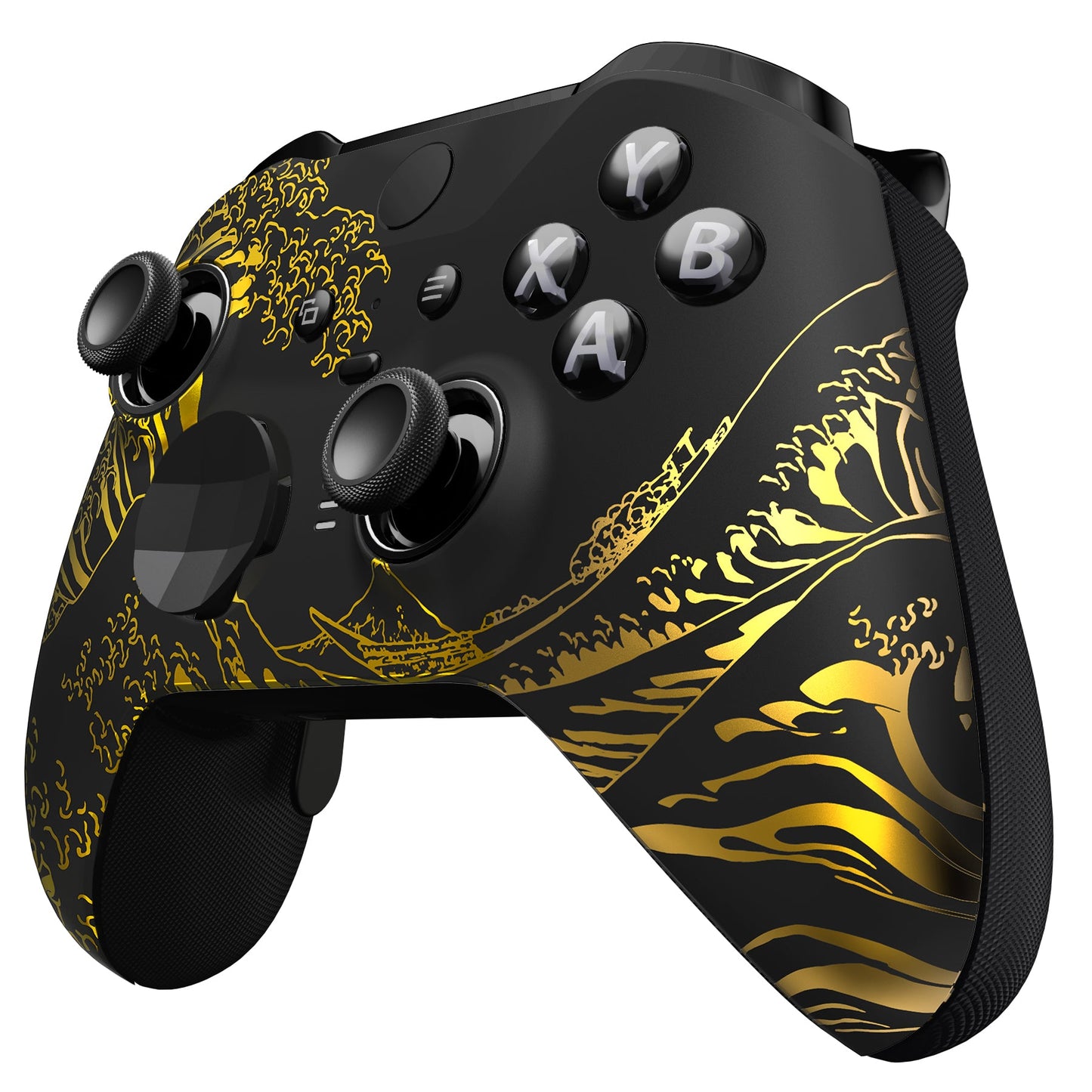 eXtremeRate Replacement Front Housing Shell Case with Accent Rings for Xbox One Elite Series 2 & Elite 2 Core Controller (Model 1797) - The Great GOLDEN Wave Off Kanagawa - Black eXtremeRate