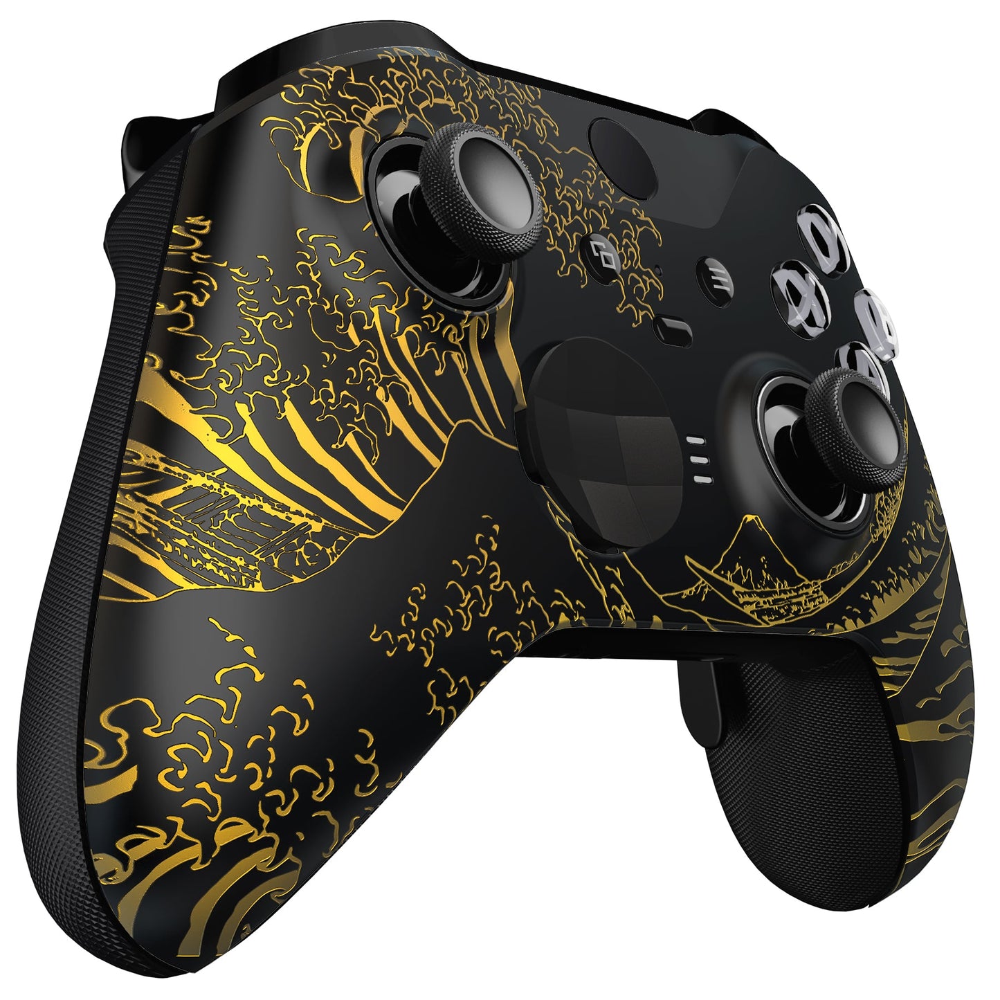 eXtremeRate Replacement Front Housing Shell Case with Accent Rings for Xbox One Elite Series 2 & Elite 2 Core Controller (Model 1797) - The Great GOLDEN Wave Off Kanagawa - Black eXtremeRate