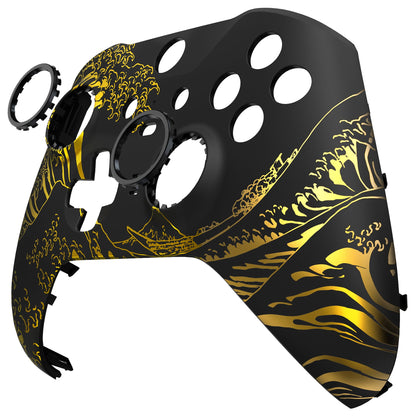 eXtremeRate Replacement Front Housing Shell Case with Accent Rings for Xbox One Elite Series 2 & Elite 2 Core Controller (Model 1797) - The Great GOLDEN Wave Off Kanagawa - Black eXtremeRate