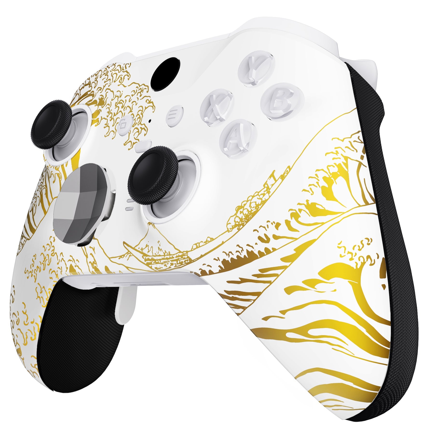 eXtremeRate Replacement Front Housing Shell Case with Accent Rings for Xbox One Elite Series 2 & Elite 2 Core Controller (Model 1797) - The Great GOLDEN Wave Off Kanagawa - White eXtremeRate