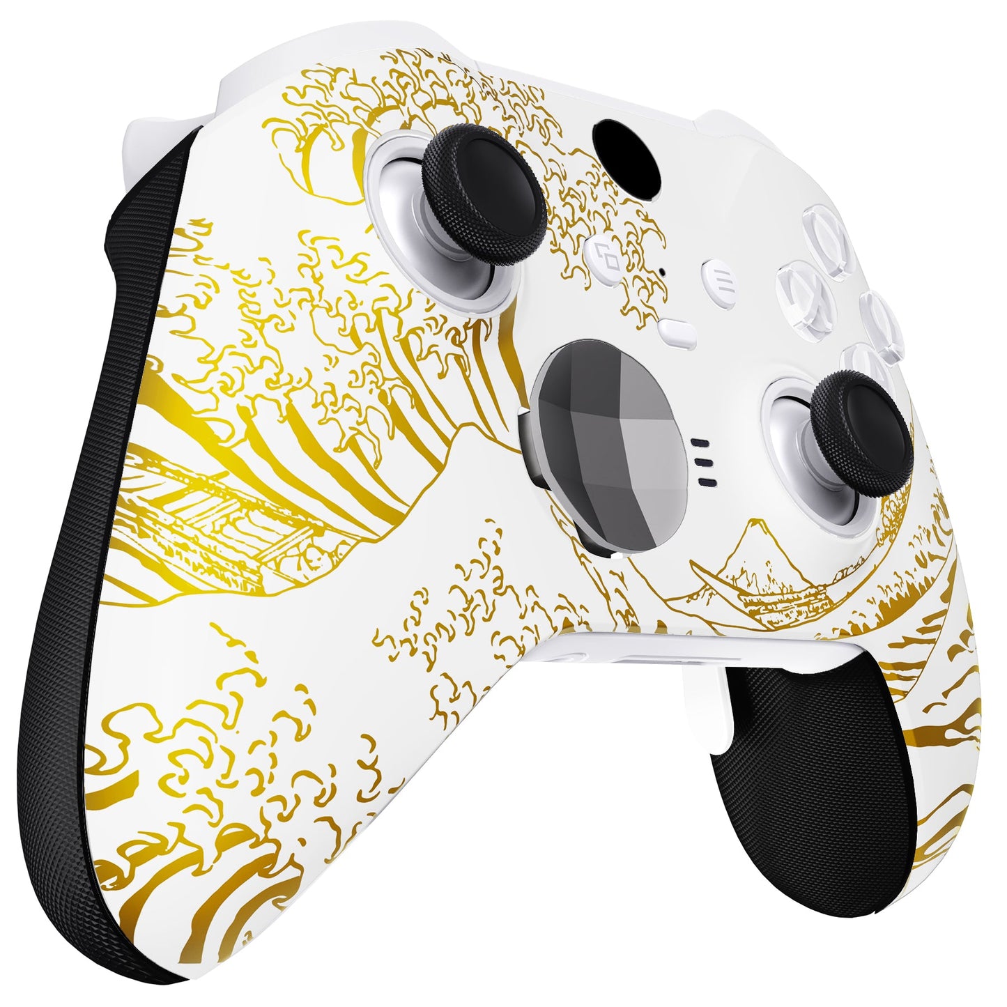 eXtremeRate Replacement Front Housing Shell Case with Accent Rings for Xbox One Elite Series 2 & Elite 2 Core Controller (Model 1797) - The Great GOLDEN Wave Off Kanagawa - White eXtremeRate