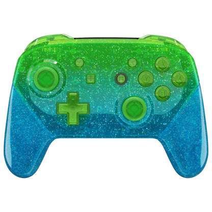 eXtremeRate Replacement Full Set Shell Faceplate Backplate Handles with Button Kit for Nintendo Switch Pro - Glitter Gradient Translucent Green Blue eXtremeRate