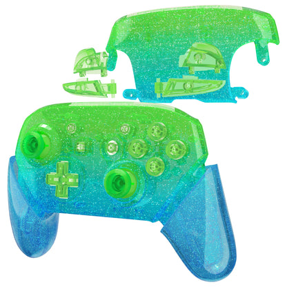 eXtremeRate Replacement Full Set Shell Faceplate Backplate Handles with Button Kit for Nintendo Switch Pro - Glitter Gradient Translucent Green Blue eXtremeRate