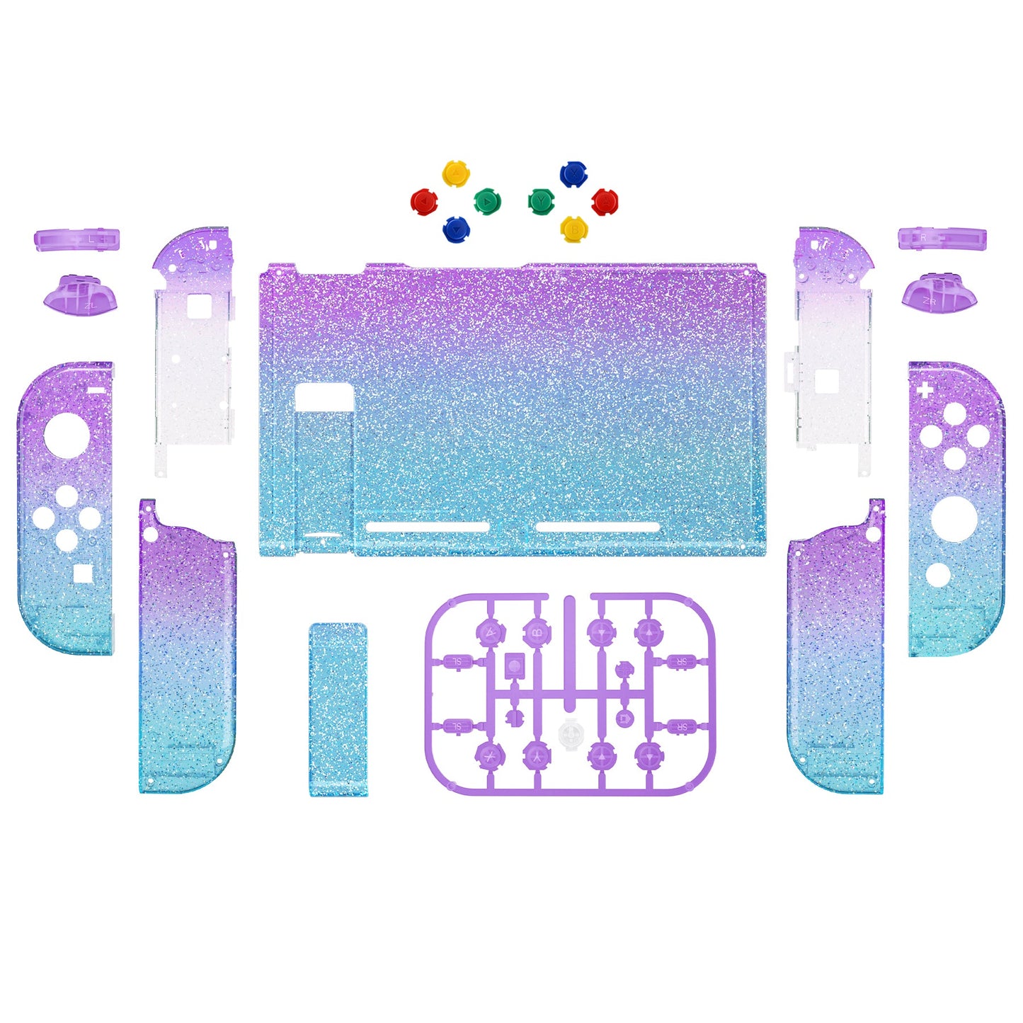 eXtremeRate Replacement Full Set Shells with Buttons for Nintendo Switch - Glitter Gradient Translucent Bluebell & Blue eXtremeRate