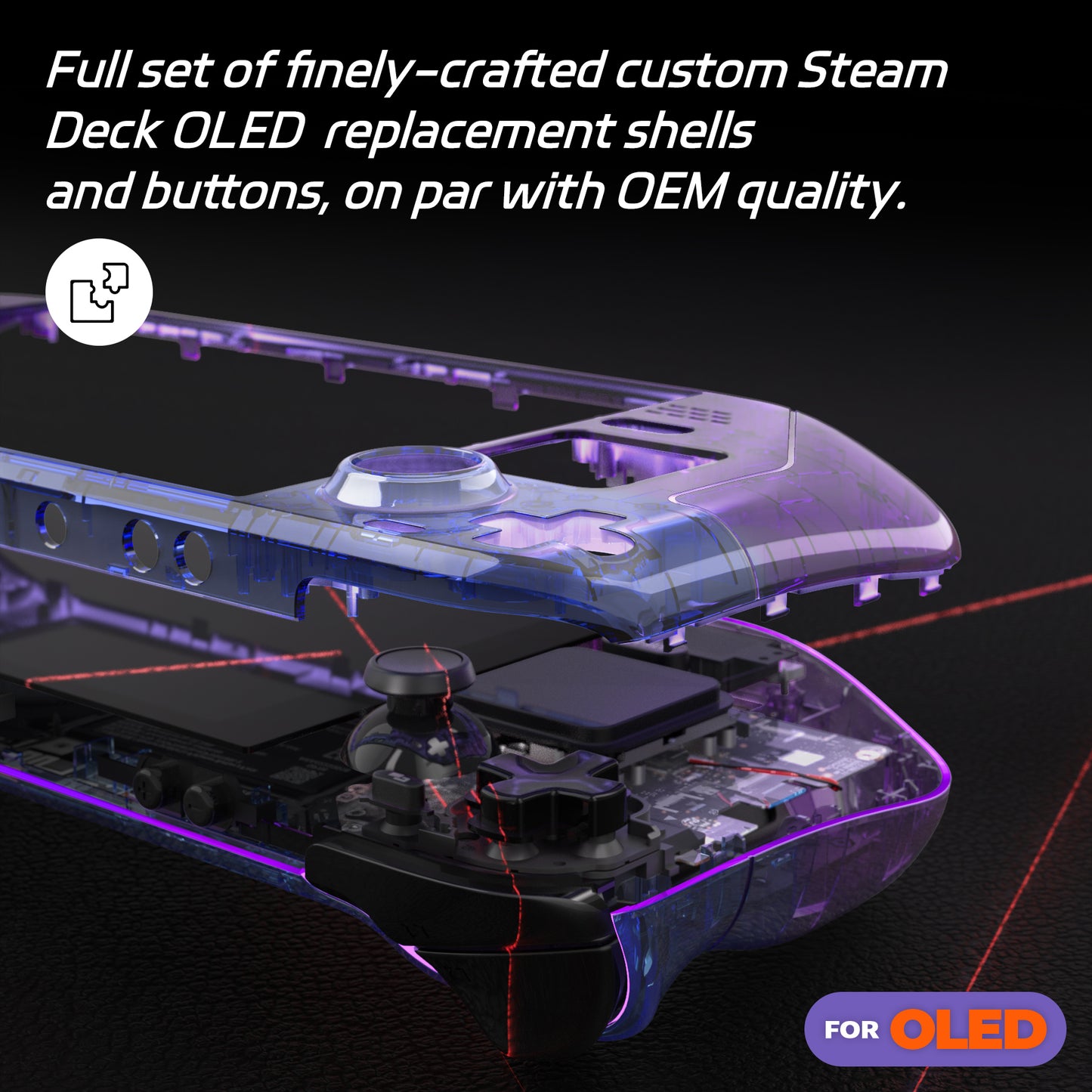 eXtremeRate Steam Deck OLEDハンドヘルドコンソール用交換フルセットシェル＆ボタン【クリアなグラデーションのブルー＆パープル】