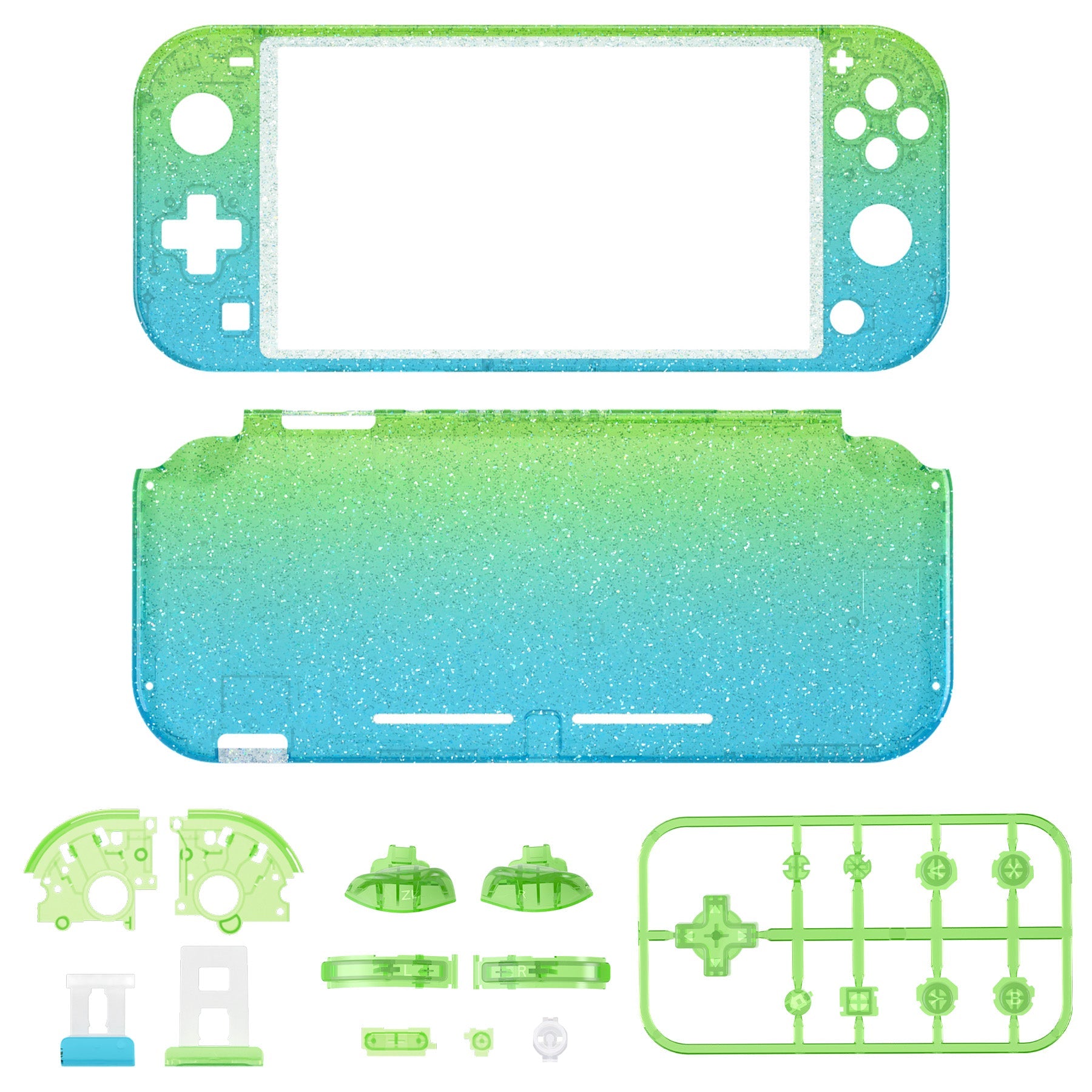 eXtremeRate Replacement Housing Shell for with Screen Protector for Nintendo Switch Lite - Glitter Gradient Translucent Green Blue eXtremeRate