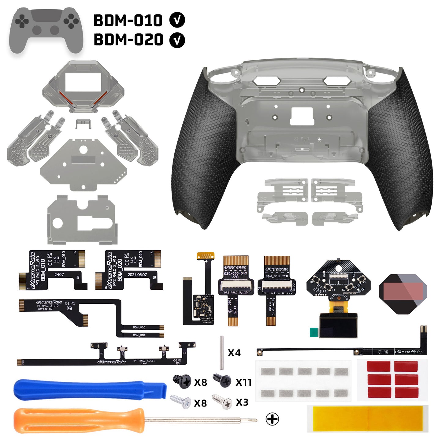 eXtremeRate PS5コントローラーBDM-010/020対応用SPARK バックパドルキット、OLEDディスプレイ&クリッキートリガーストップ＆エルゴノミックグリップ【クリアブラック】