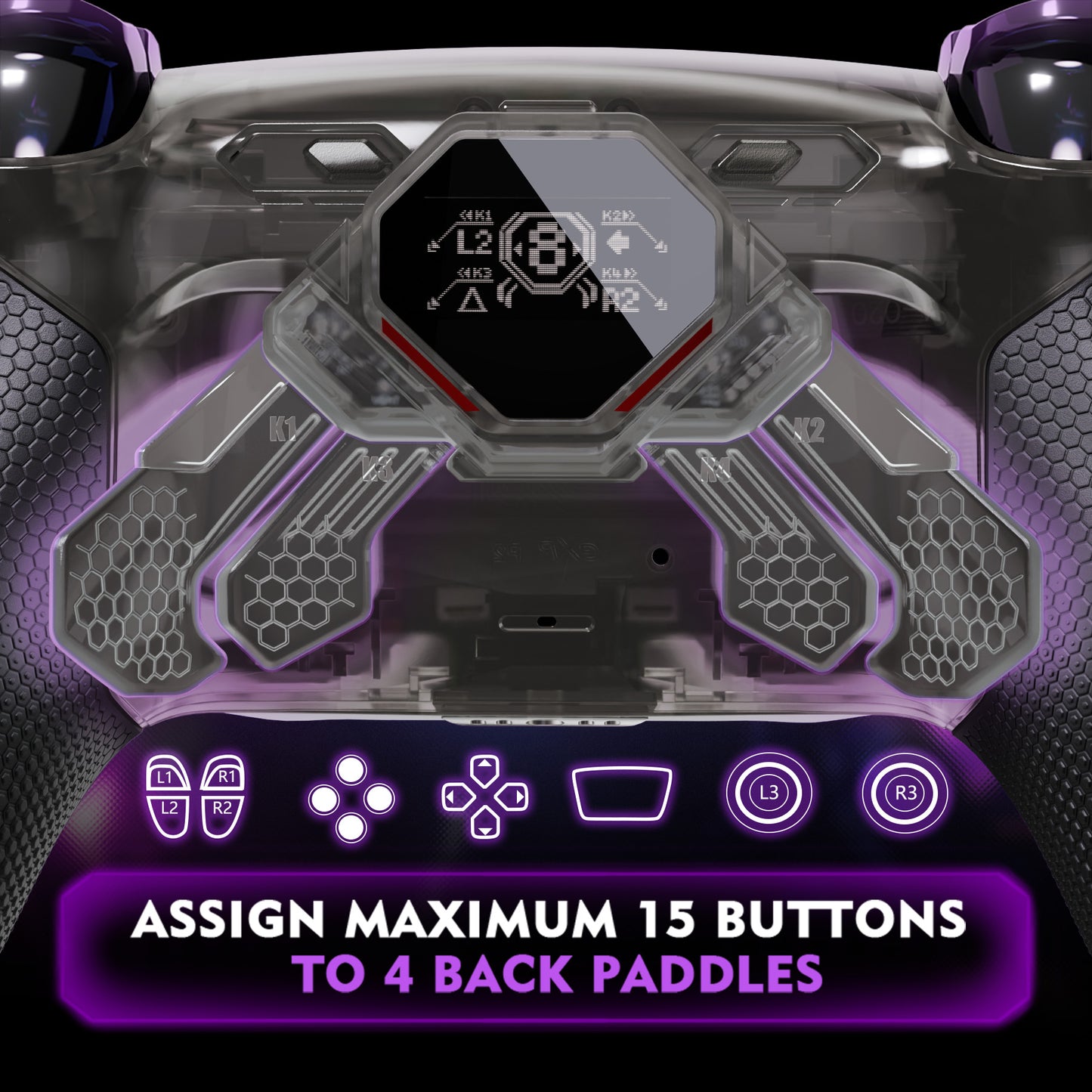 eXtremeRate PS5コントローラーBDM-010/020対応用SPARK バックパドルキット、OLEDディスプレイ&クリッキートリガーストップ＆エルゴノミックグリップ【クリアブラック】