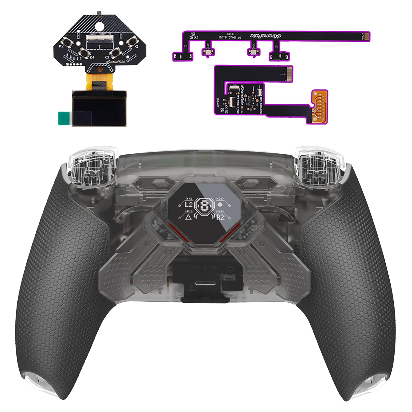 eXtremeRate PS5コントローラーBDM-030/040/050/060対応用SPARK バックパドルキット、OLEDディスプレイ&クリッキートリガーストップ＆エルゴノミックグリップ【クリアブラック】