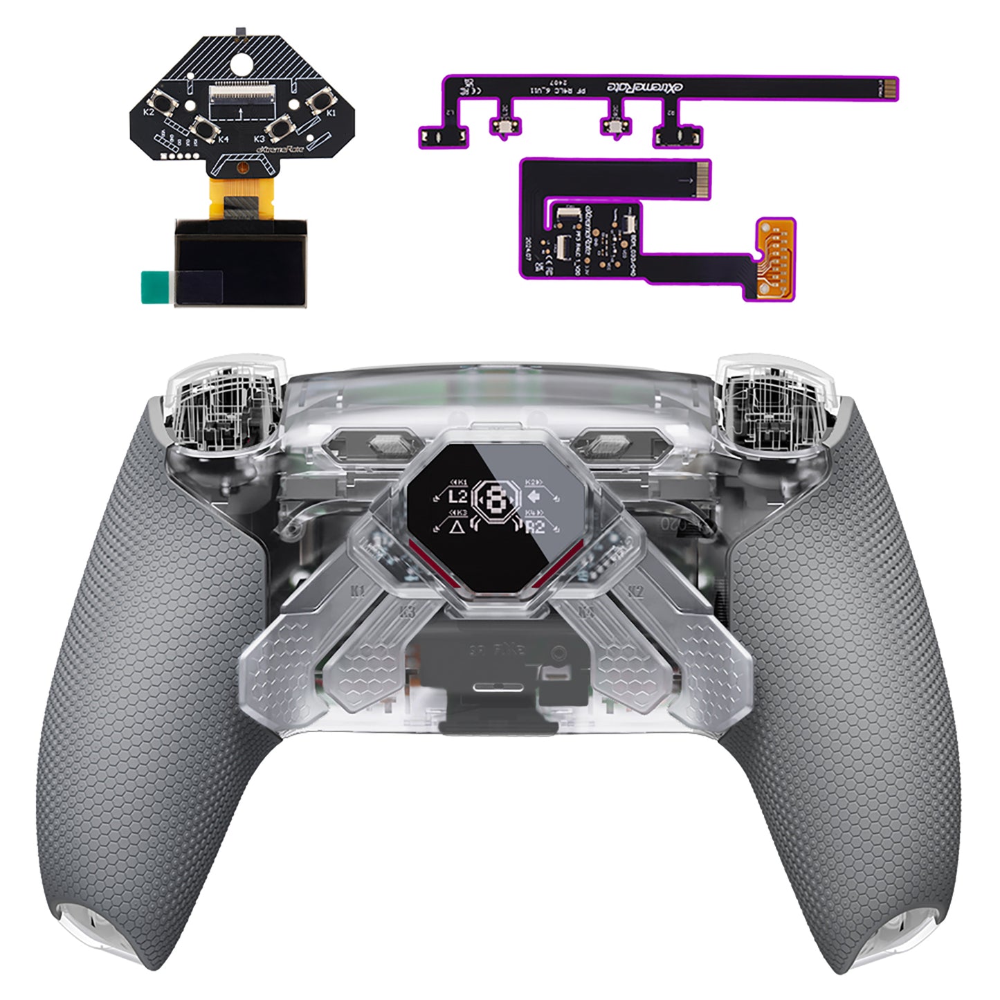 eXtremeRate PS5コントローラーBDM-030/040/050/060対応用SPARK バックパドルキット、OLEDディスプレイ&クリッキートリガーストップ＆エルゴノミックグリップ【クリア&グレー】