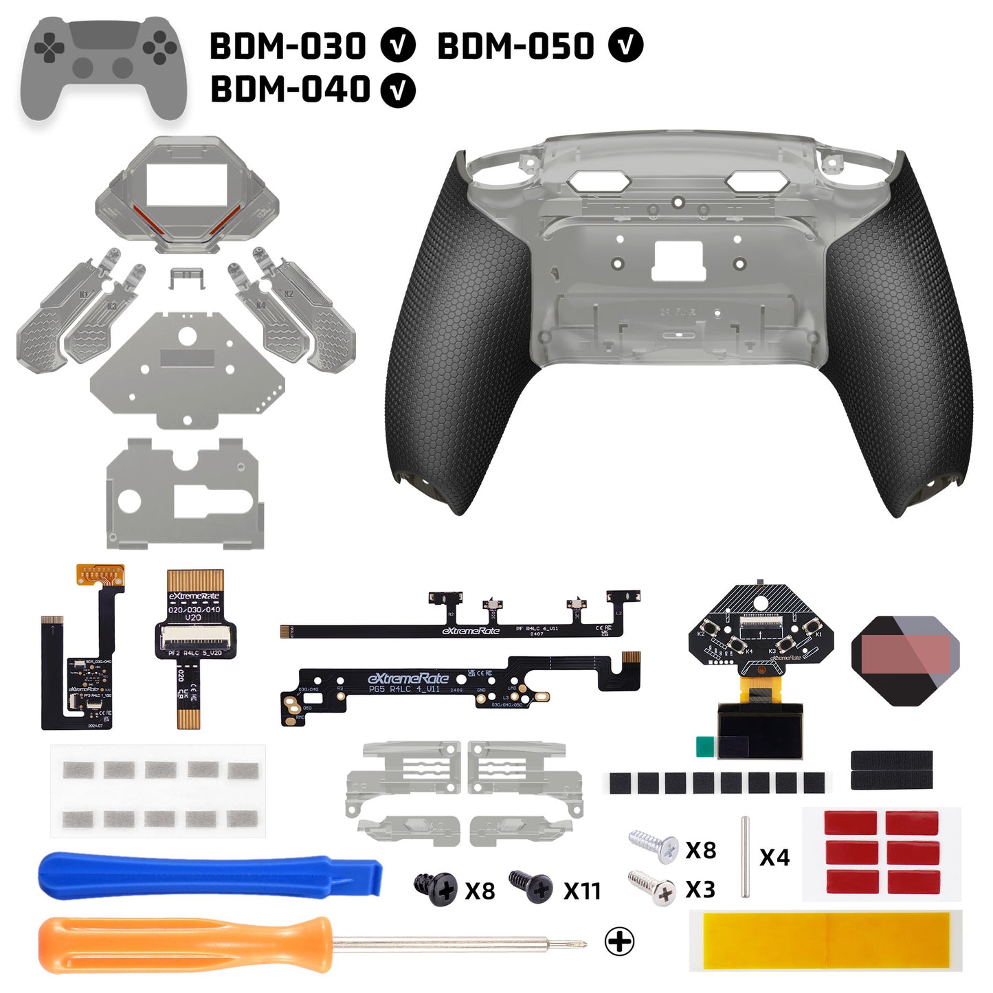 eXtremeRate PS5コントローラーBDM-030/040/050対応用SPARK バックパドルキット、OLEDディスプレイ&クリッキートリガーストップ＆エルゴノミックグリップ【クリアブラック】