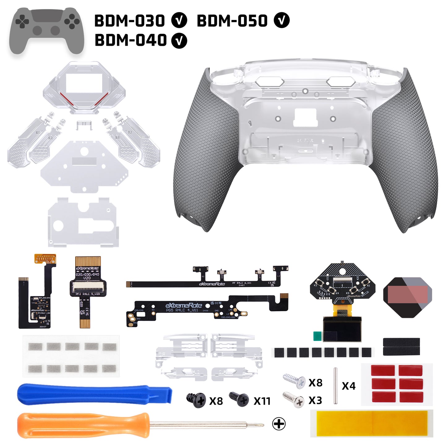 eXtremeRate PS5コントローラーBDM-030/040/050対応用SPARK バックパドルキット、OLEDディスプレイ&クリッキートリガーストップ＆エルゴノミックグリップ【クリア&グレー】