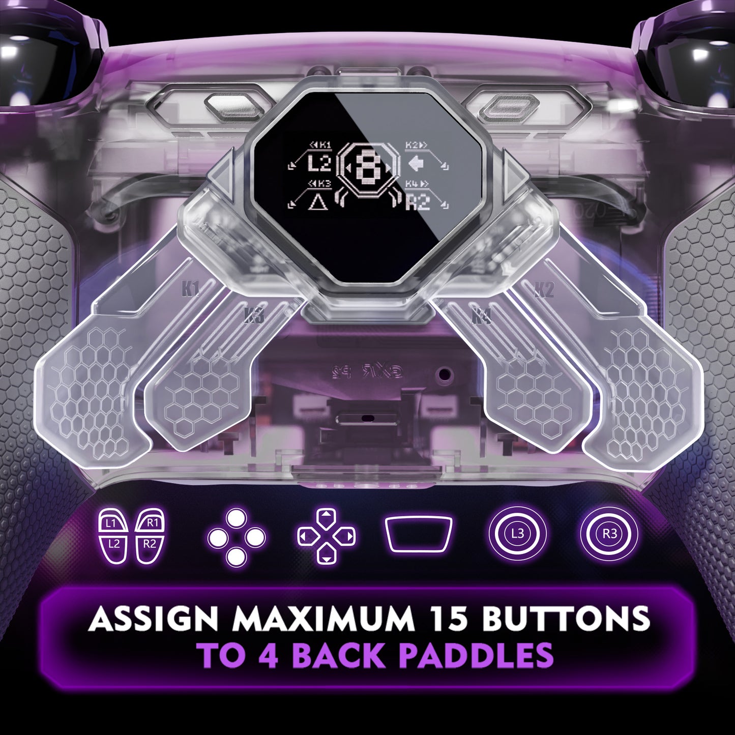 eXtremeRate PS5コントローラーBDM-030/040/050対応用SPARK バックパドルキット、OLEDディスプレイ&クリッキートリガーストップ＆エルゴノミックグリップ【クリア&グレー】