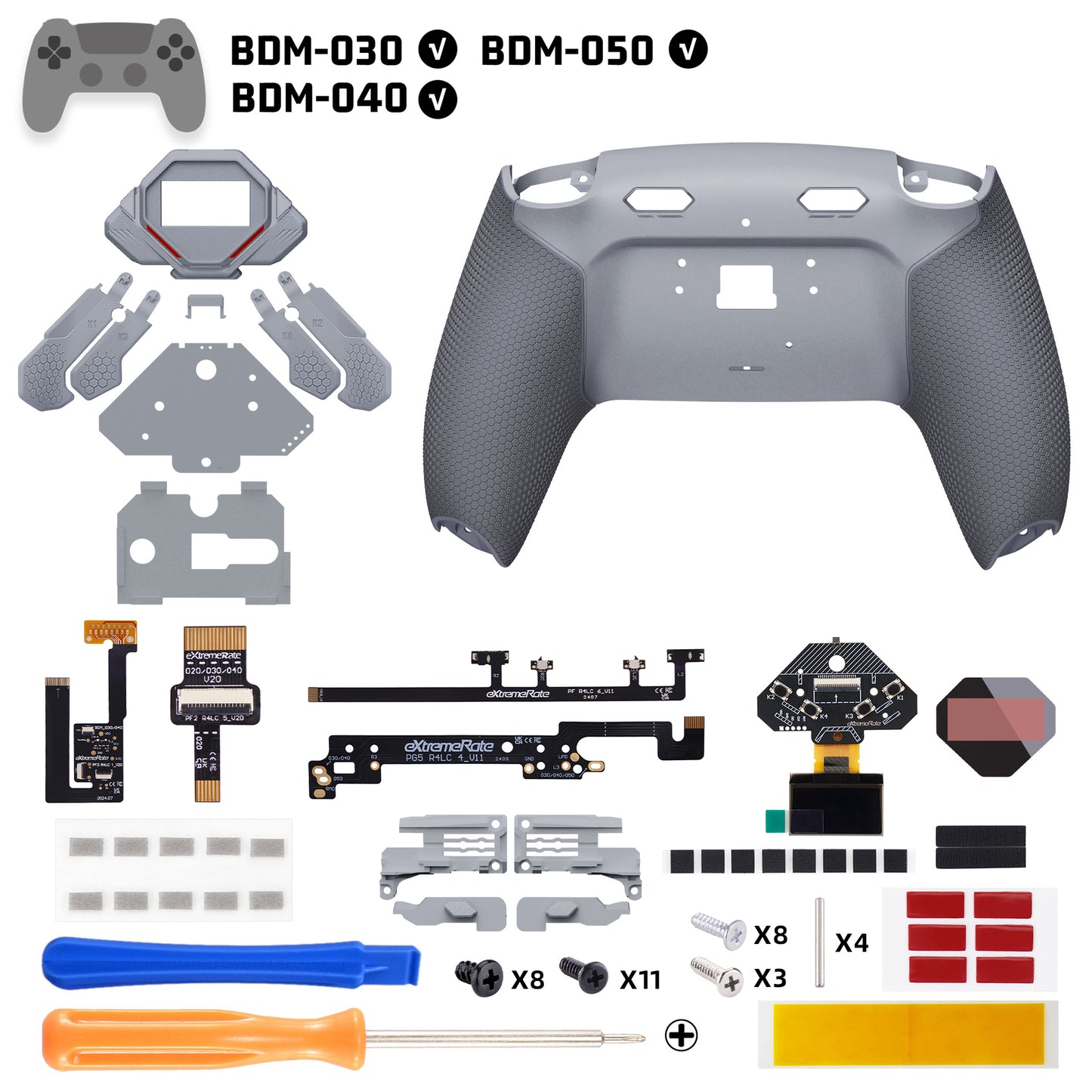 eXtremeRate PS5コントローラーBDM-030/040/050対応用SPARK バックパドルキット、OLEDディスプレイ&クリッキートリガーストップ＆エルゴノミックグリップ【ニューホープグレー＆クラシックグレー】