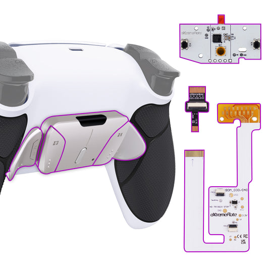 eXtremeRate PS5コントローラーBDM-030/040/050対応用シルバーリアルメタルボタン（RMB）バージョンRISE4 V3リマップキット【ラバー付き黒いグリップ白い背面パドル】