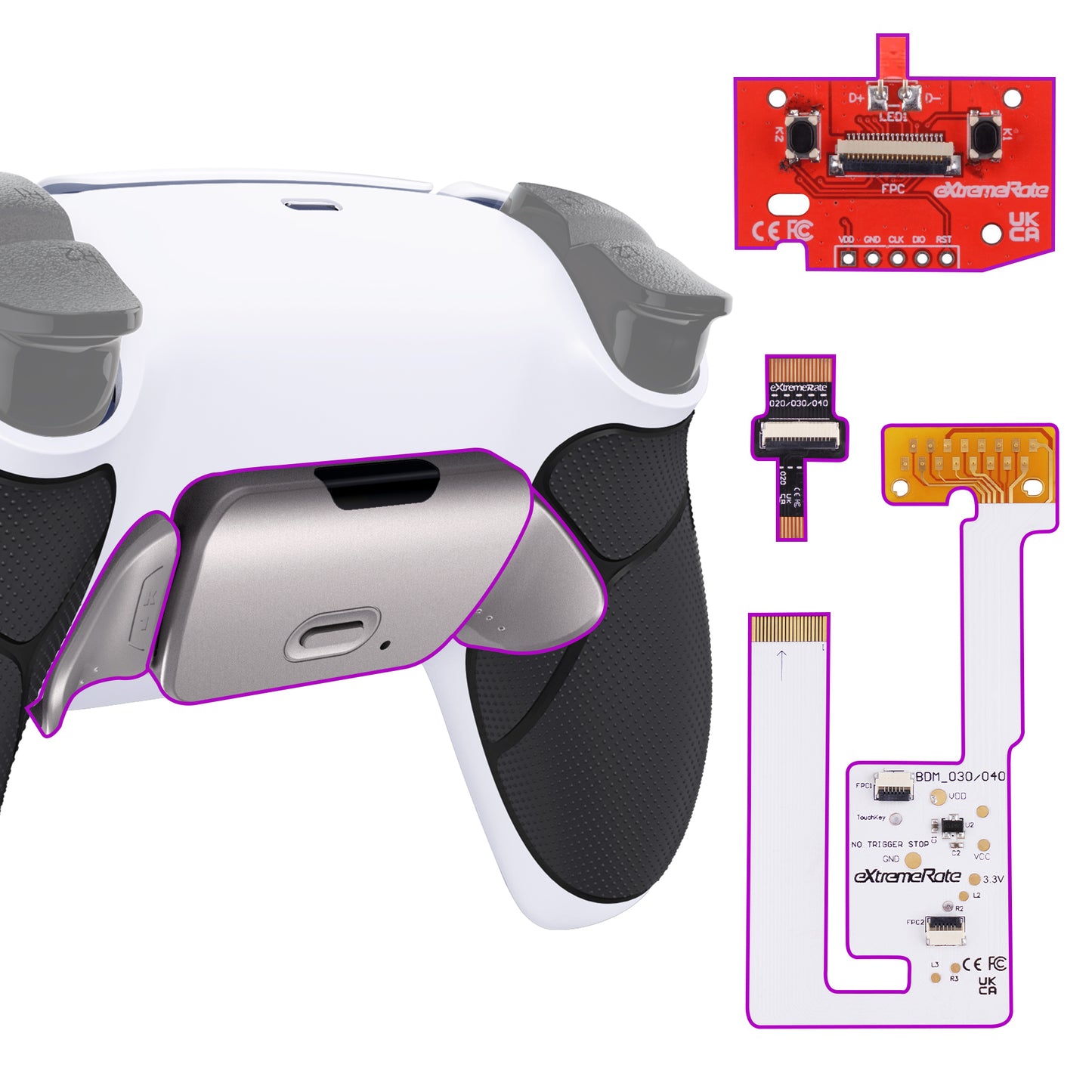 eXtremeRate PS5コントローラーBDM-030/040/050対応用ブラックリアルメタルボタン（RMB）バージョンRISE V3リマップキット【ラバー付きブラック＆ホワイトバックシェル】