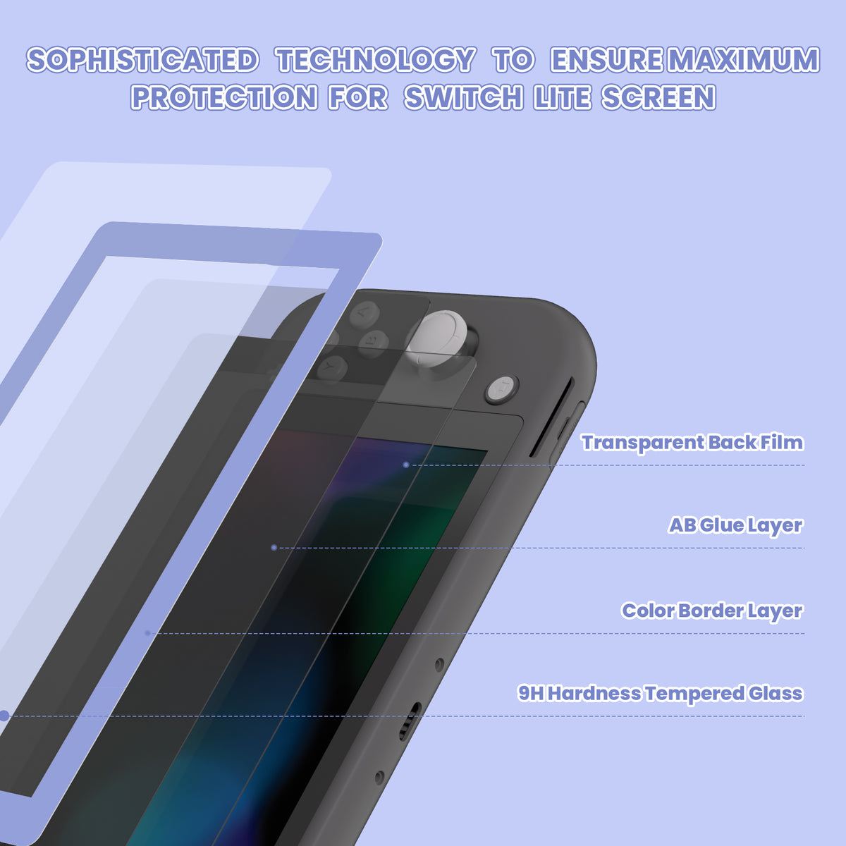 eXtremeRate 2-Pack Scratch-Resistant Clear HD Tempered Glass Screen Protector for Nintendo Switch Lite (Light Violet)