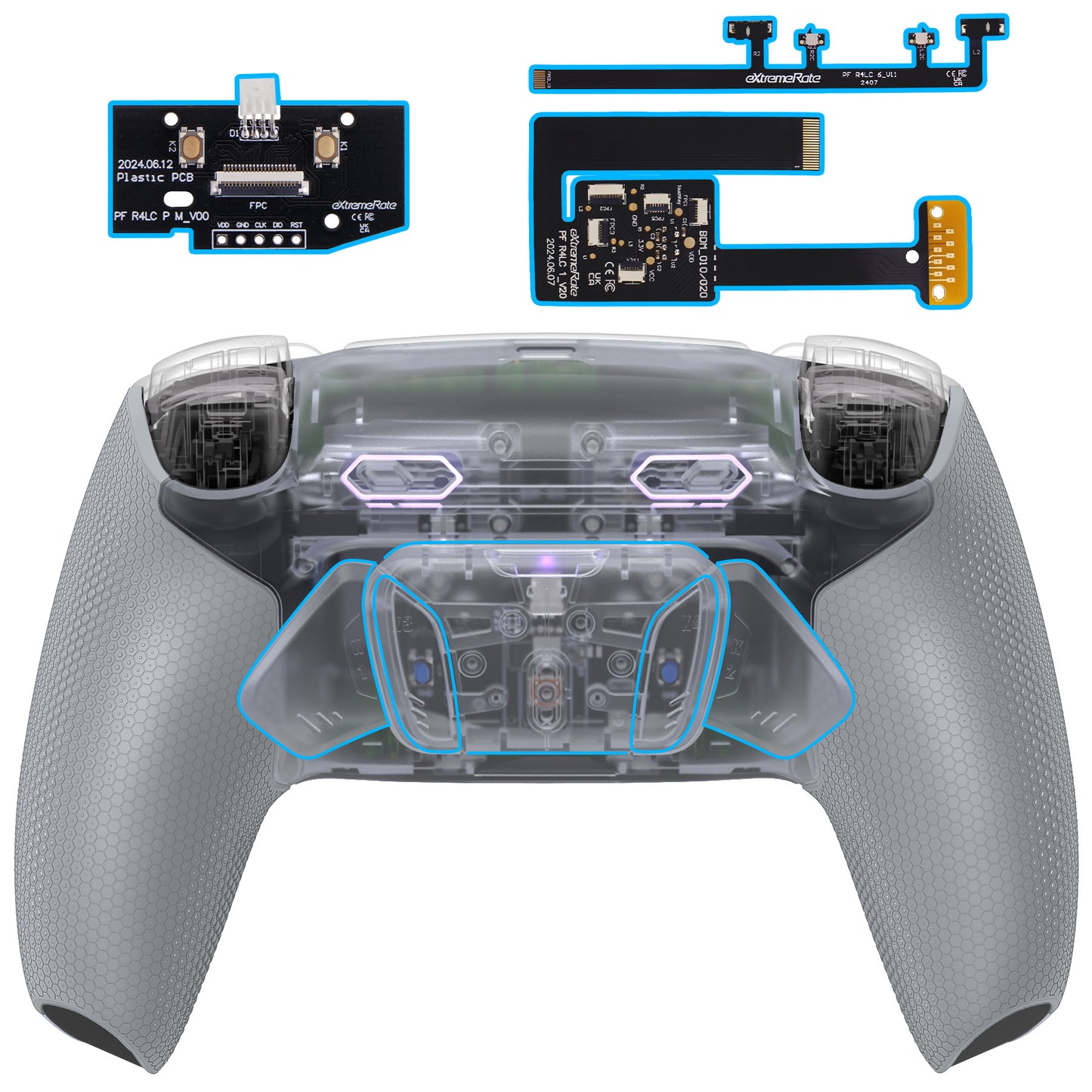 eXtremeRate PS5コントローラーBDM-010/020対応用RISE4 Plus MAXバックパドルキット、クリッキートリガーストップ＆ラバーグリップ付き【クリア&グレー】