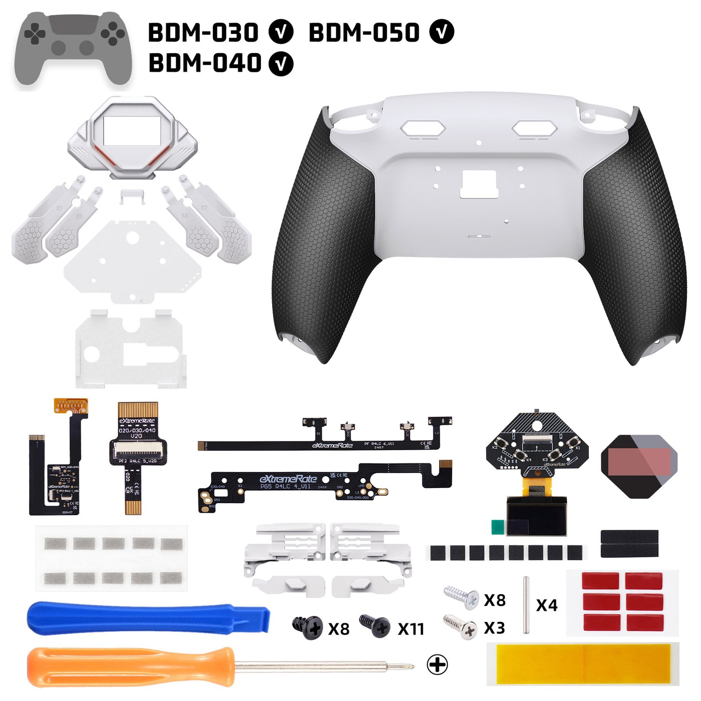 eXtremeRate PS5コントローラーBDM-030/040/050対応用SPARK バックパドルキット、OLEDディスプレイ&クリッキートリガーストップ＆エルゴノミックグリップ【ホワイト＆ブラック】